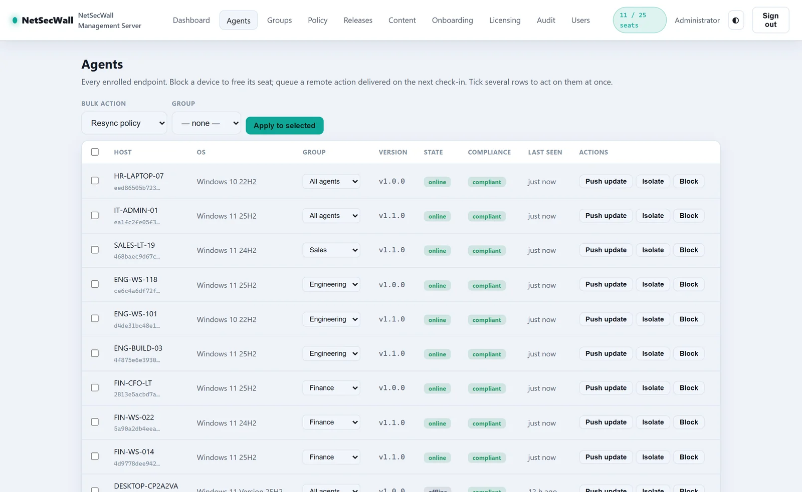 The Management Server's Agents page listing host, OS, group, version, state, compliance and last seen for each PC
