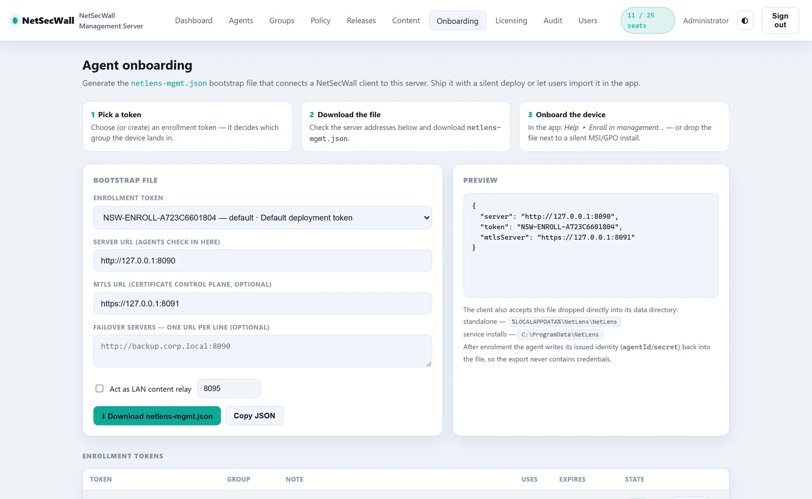 The Management Server's Agent onboarding page with an enrollment token selected and the netlens-mgmt.json download