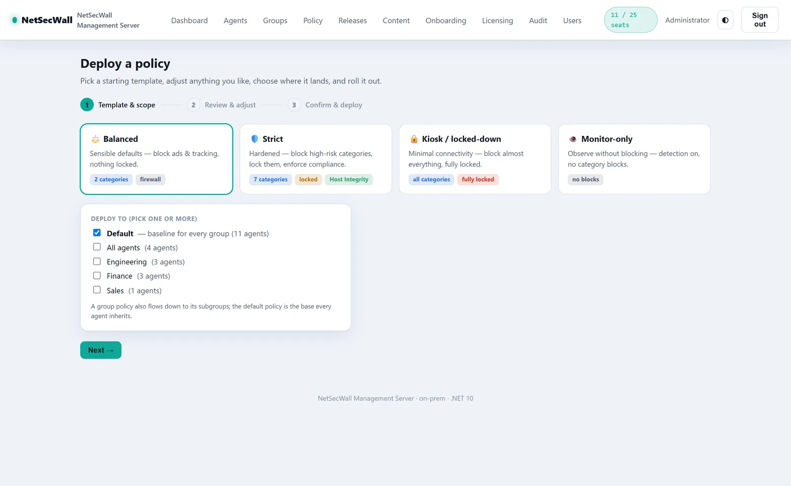 The Management Server's Deploy a policy wizard showing the Balanced, Strict, Kiosk and Monitor-only templates