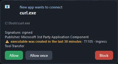NetSecWall's "New app wants to connect" pop-up for C:\Tools\curl.exe, with Allow, Allow once and Block buttons