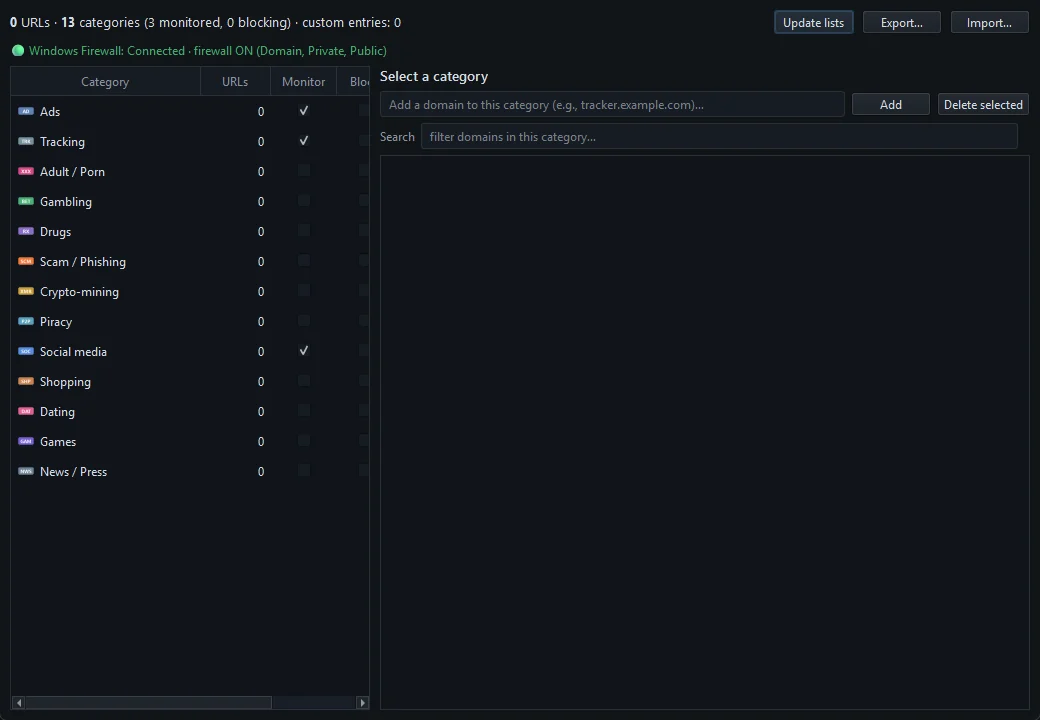 The Content categories window listing 13 categories with URL counts and Monitor and Block checkboxes, and a domain list below