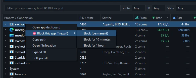 Right-click menu on msedge.exe in the Live tab with the Block this app (firewall) submenu open: Block (permanent), Block for 10 minutes, Block for 1 hour