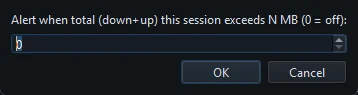 The Session data cap prompt asking for a number of megabytes, with 0 meaning off