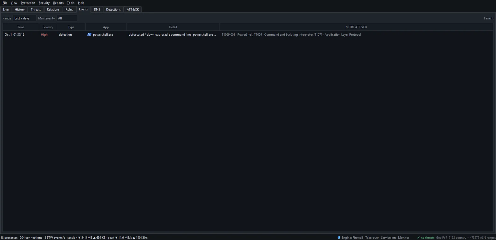 The Events tab listing alerts and decisions with severity