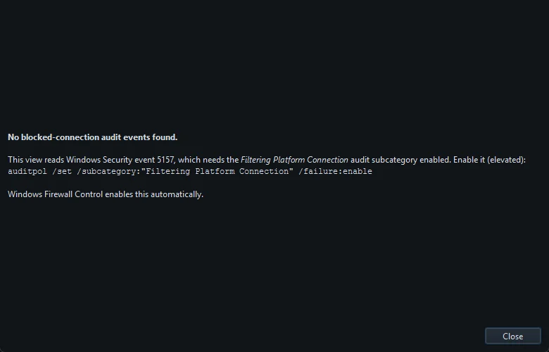 The Blocked connections dialog listing recent blocks