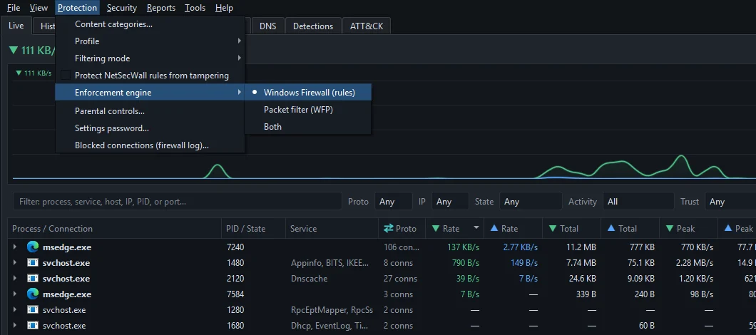 The Protection menu with the Enforcement engine submenu open