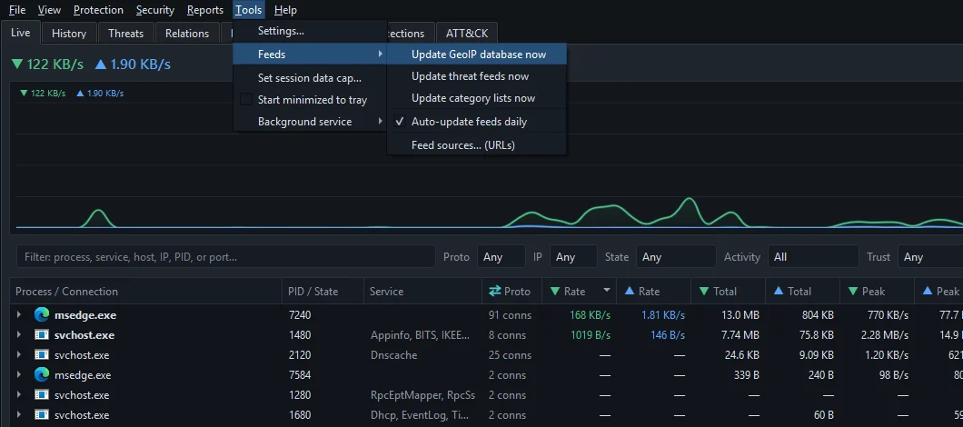 The Tools menu with the Feeds submenu open
