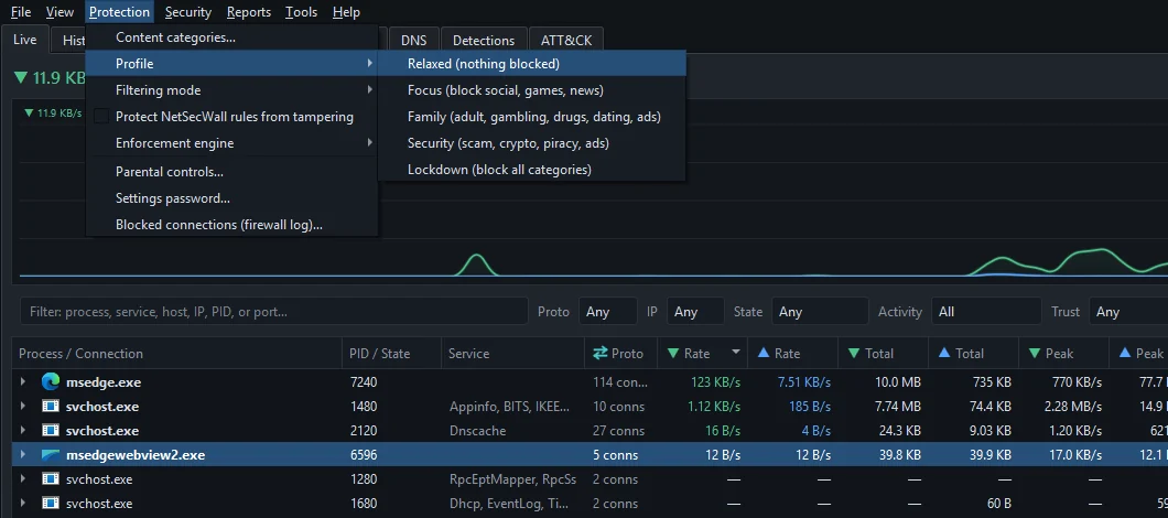 The Protection menu with the Profile submenu open