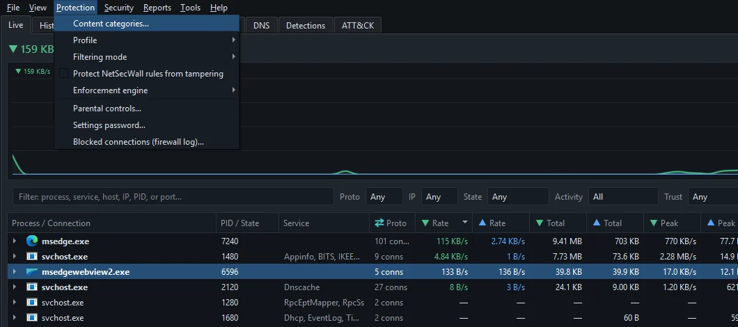 The Protection menu, including Protect NetSecWall rules from tampering and Enforcement engine
