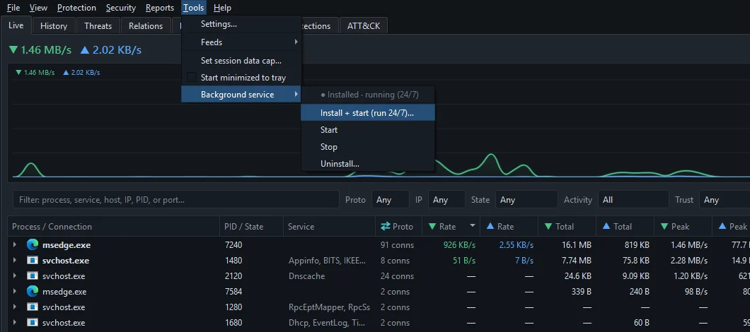 The Tools menu with the Background service submenu open, showing its status line and actions
