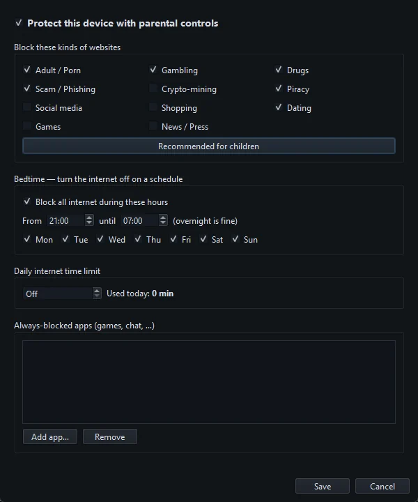 The Parental controls dialog with the recommended website categories ticked, plus bedtime and a daily limit