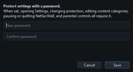 The Settings password dialog with fields for a new password and confirmation
