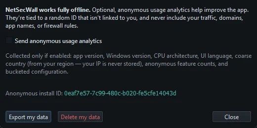 The Privacy & telemetry dialog with the analytics checkbox, the anonymous install ID, and the Export my data and Delete my data buttons