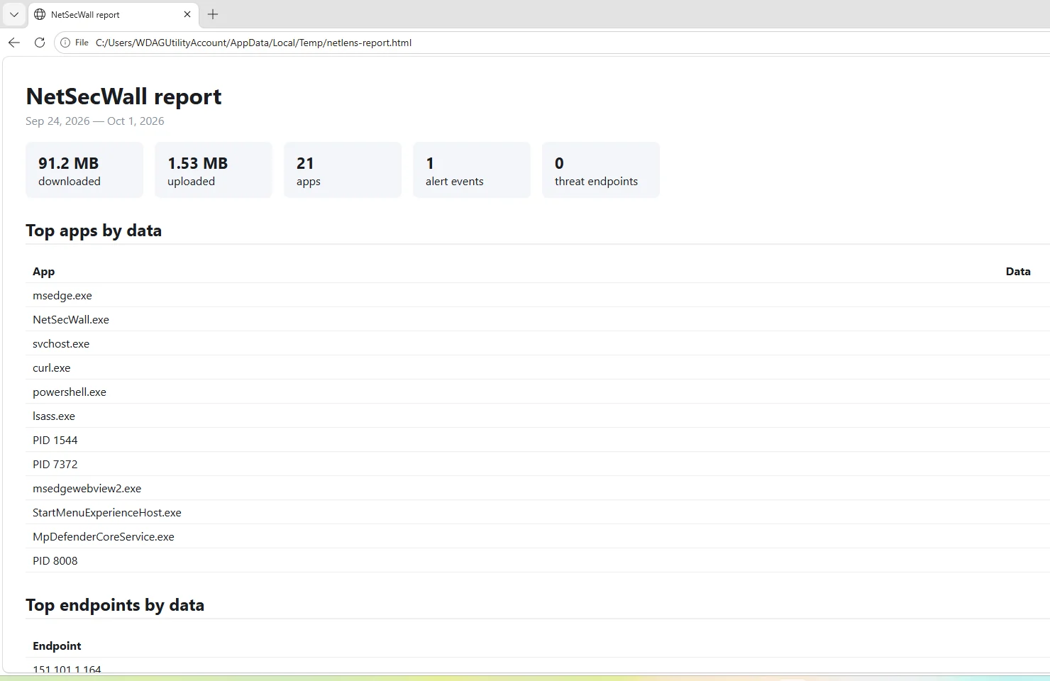 A NetSecWall report opened in the browser