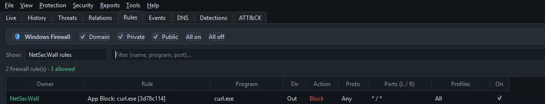 The Rules tab listing NetSecWall's own rules, including a block rule for a program blocked from the Learning-mode pop-up