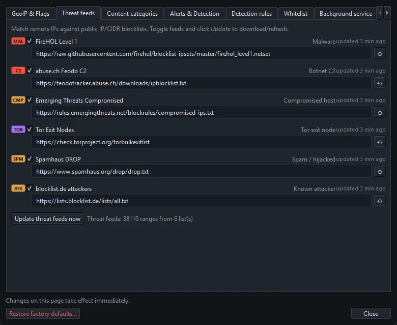 The Threat feeds tab in Settings with one row per feed