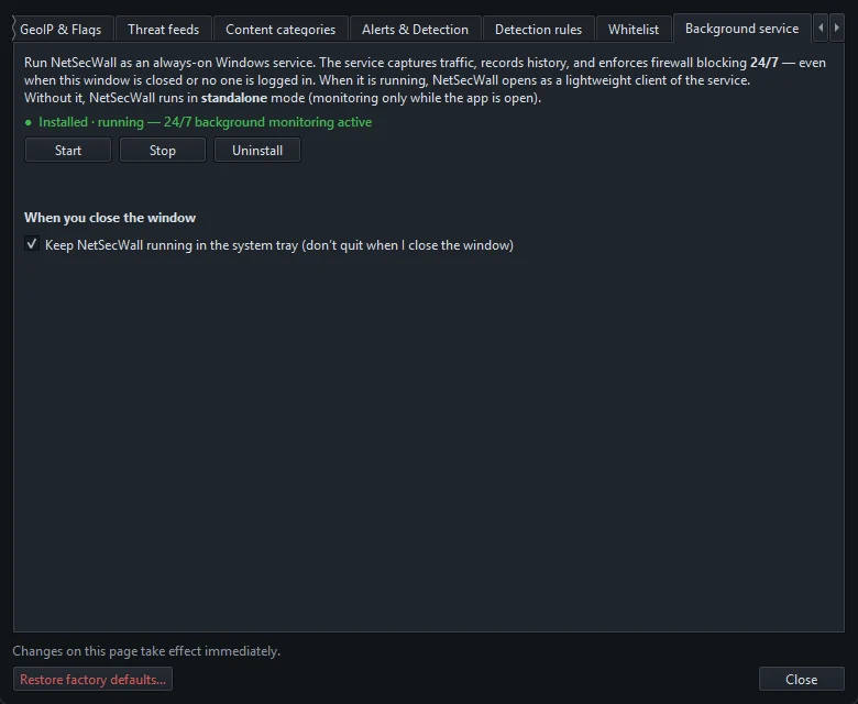 The Background service tab of the Settings dialog with the status line and Install, Start, Stop and Uninstall buttons