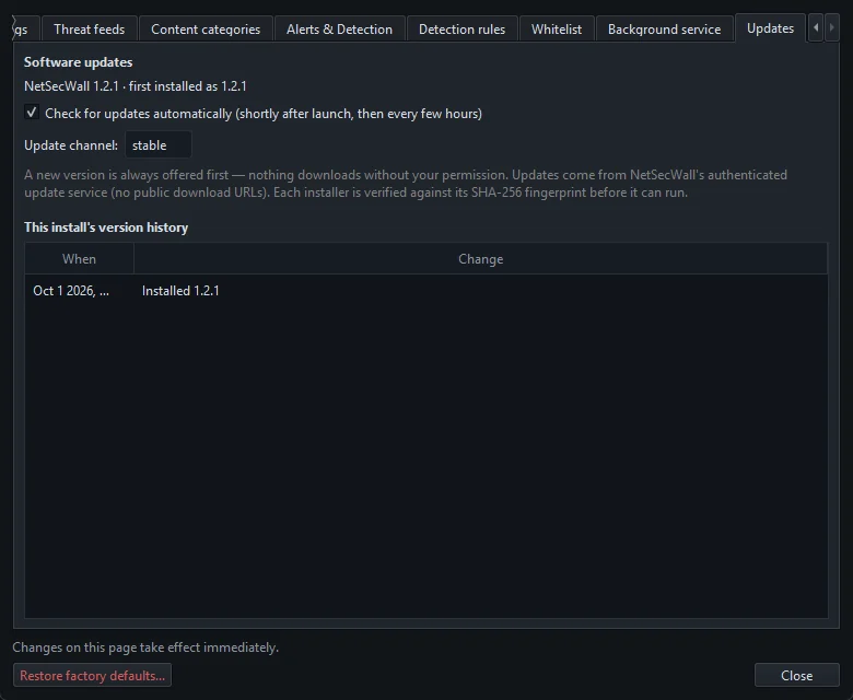 The Updates tab of NetSecWall's Settings dialog showing the version, the automatic update check and the update channel