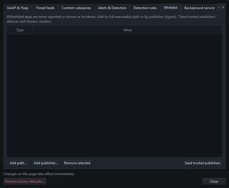 The Whitelist tab in Settings with path and publisher entries