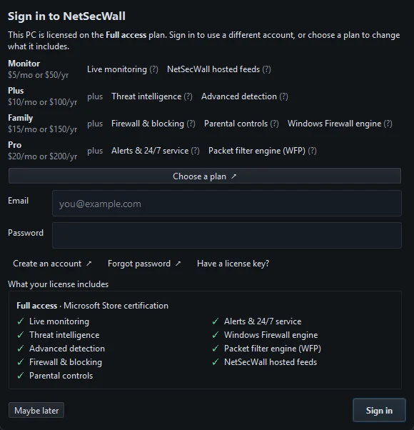 The Sign in to NetSecWall dialog with the Have a license key option below the email and password fields