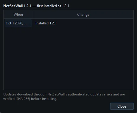 NetSecWall's Update history dialog listing when this copy was installed and each update since