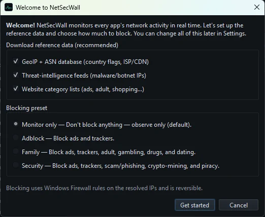 The first-run Welcome to NetSecWall dialog