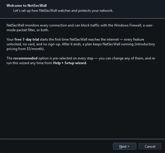 Page 1 of the NetSecWall setup wizard, the welcome page