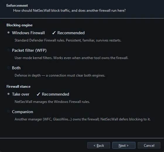 Setup wizard Enforcement page with the blocking engine and firewall stance choices