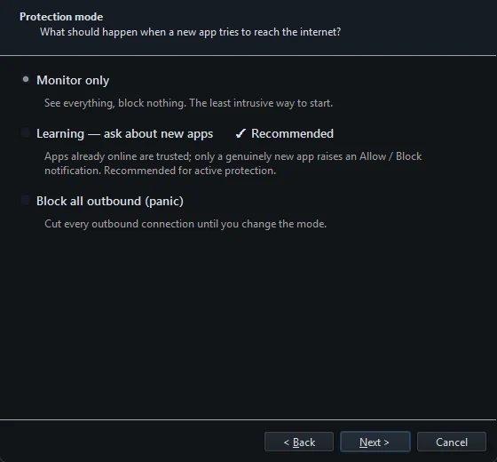 Page 3 of the setup wizard with Monitor only, Learning and Block all outbound