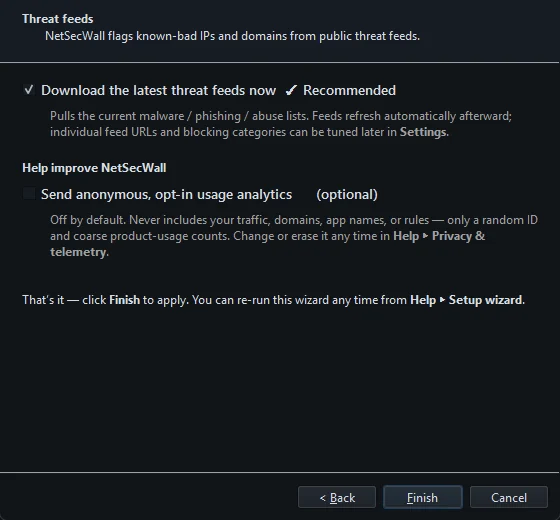 The last page of the setup wizard, with the threat-feeds download and the optional analytics checkbox