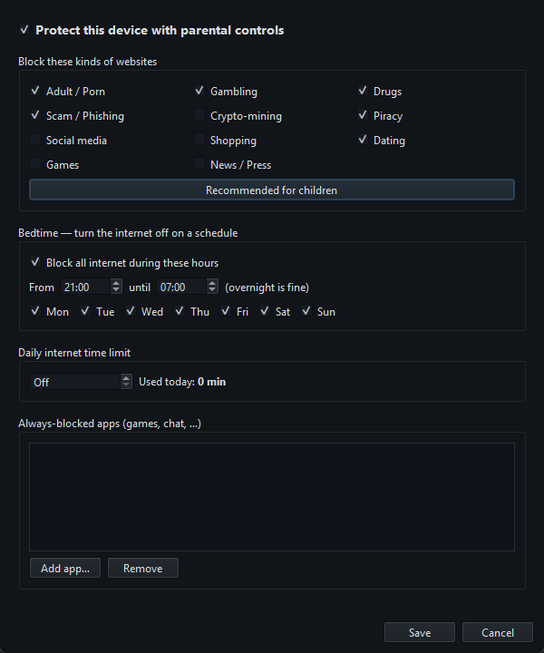 NetSecWall's parental controls: content categories to block, a bedtime curfew and a daily time limit.