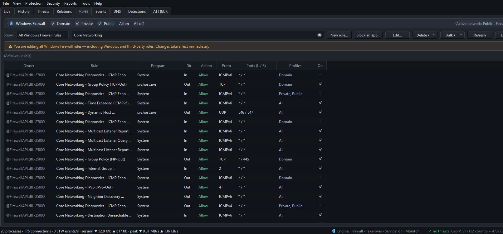 NetSecWall's rules tab: every Windows Firewall rule on the PC in one editable list.