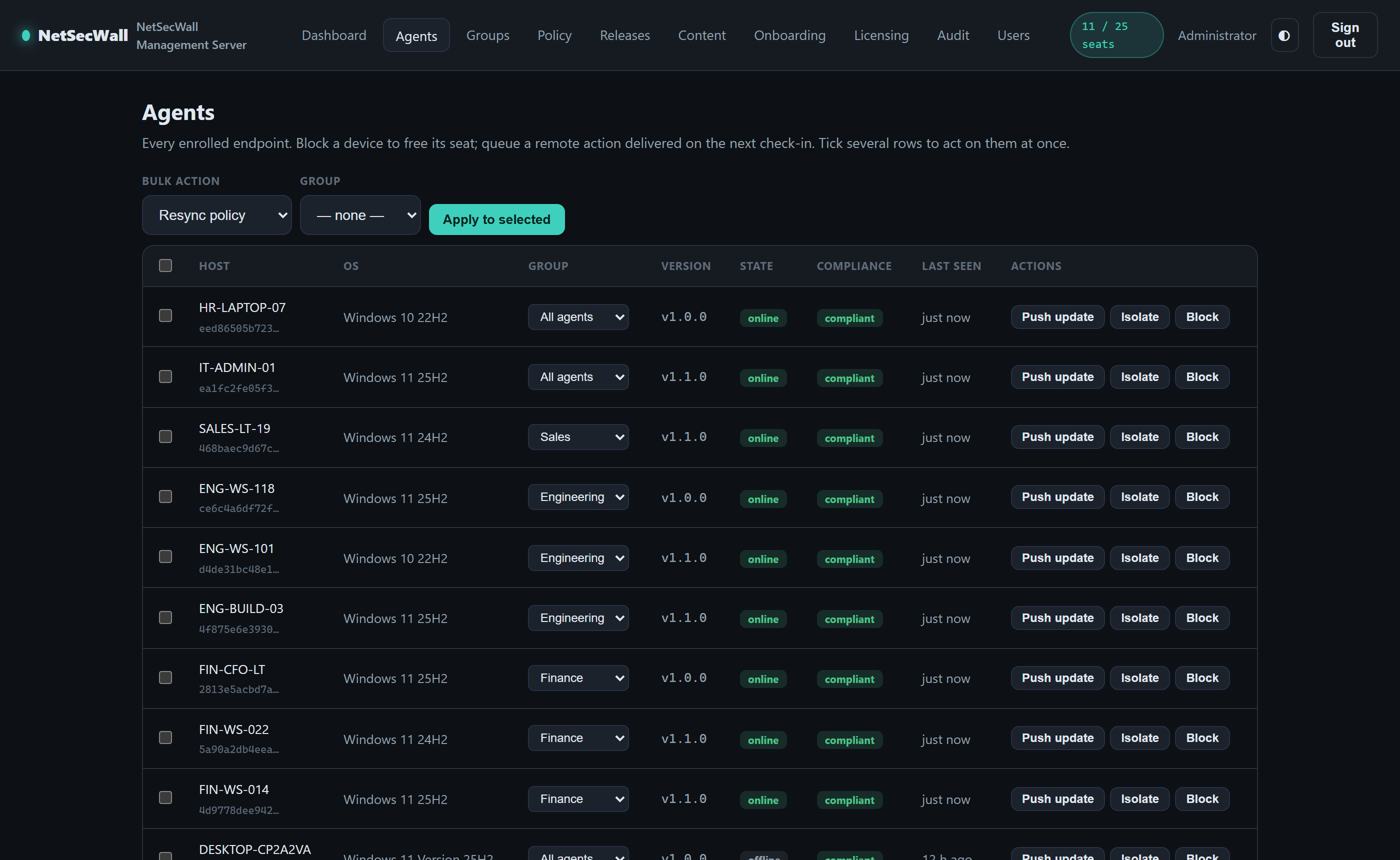 Agents table with groups, compliance, versions and bulk actions