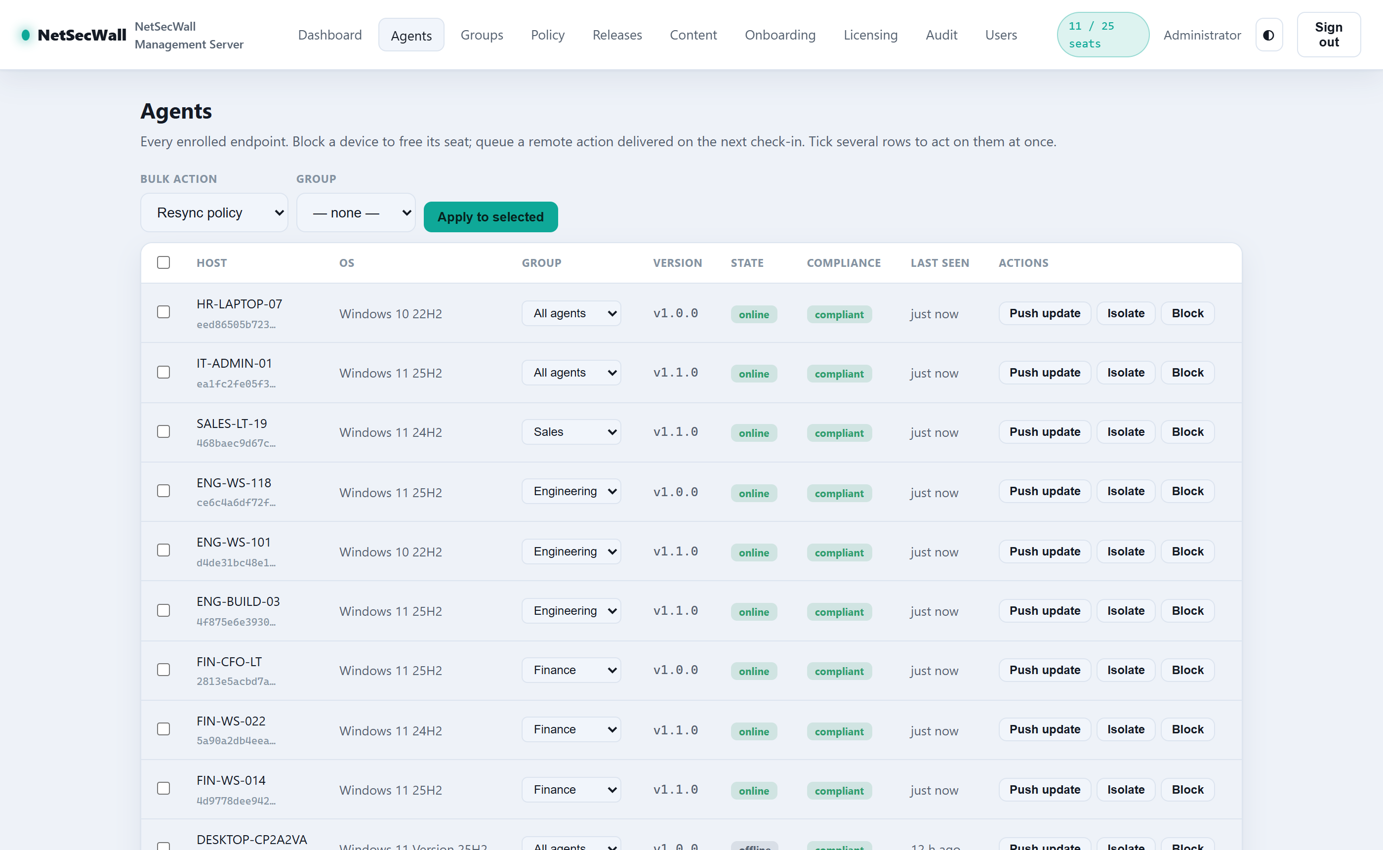 Agents table with groups, compliance, versions and bulk actions