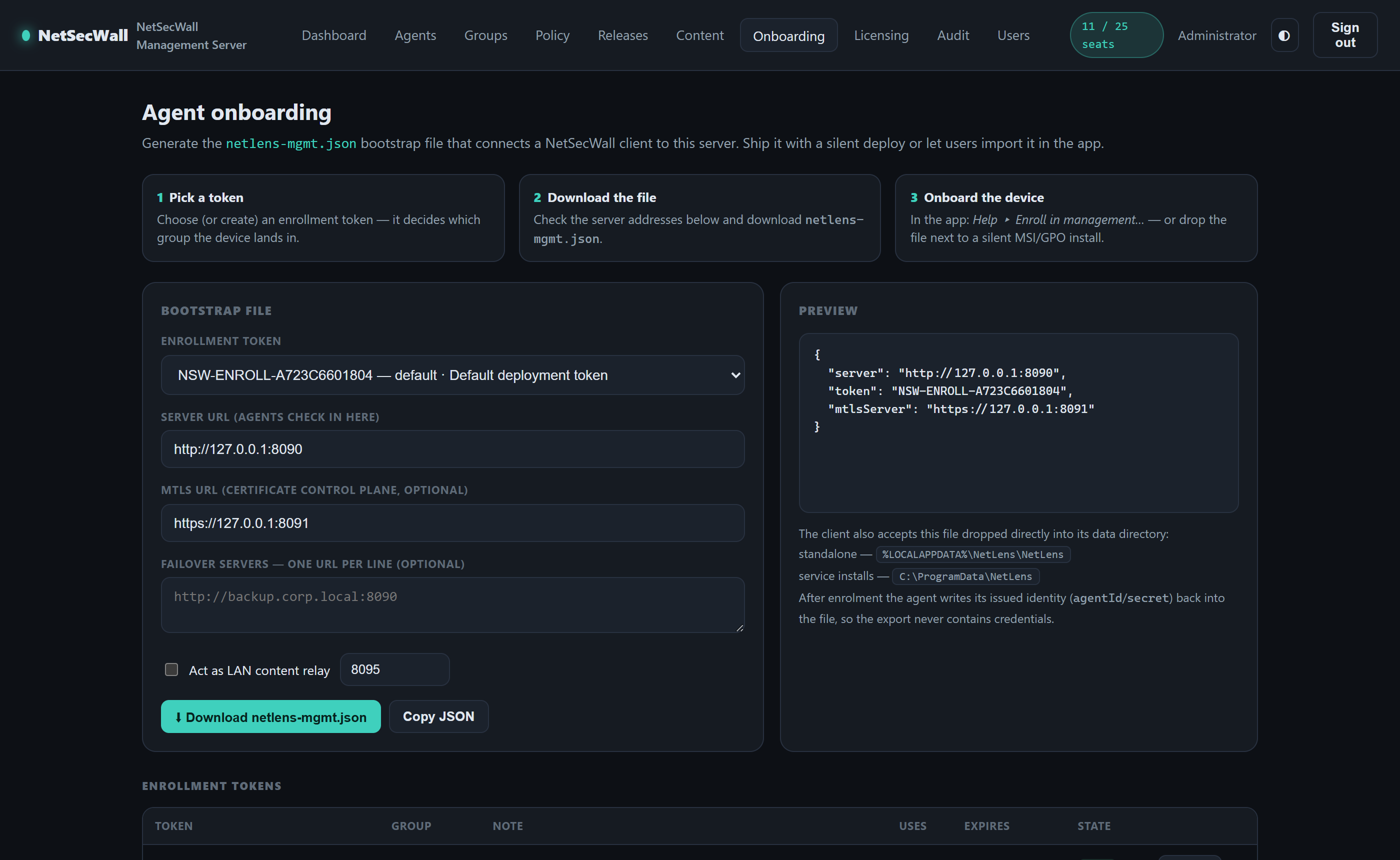 Onboarding page generating the netlens-mgmt.json bootstrap file