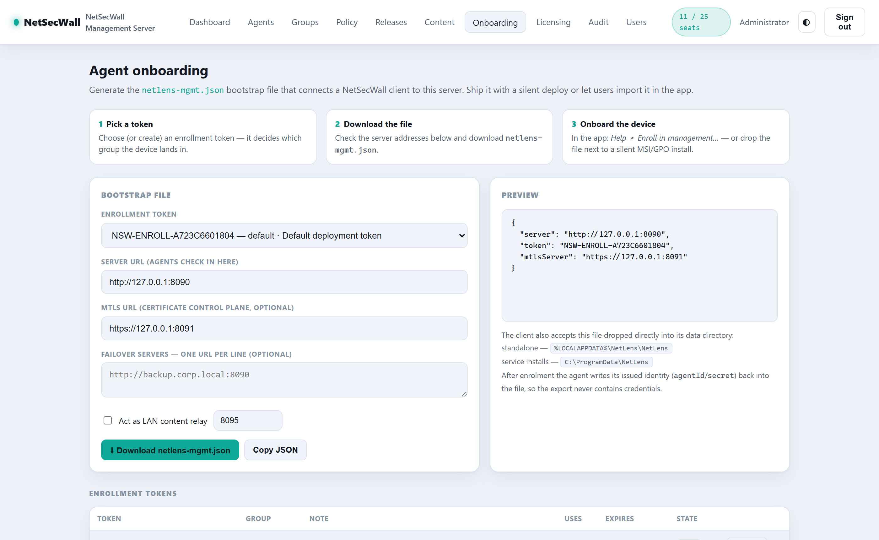 Onboarding page generating the netlens-mgmt.json bootstrap file