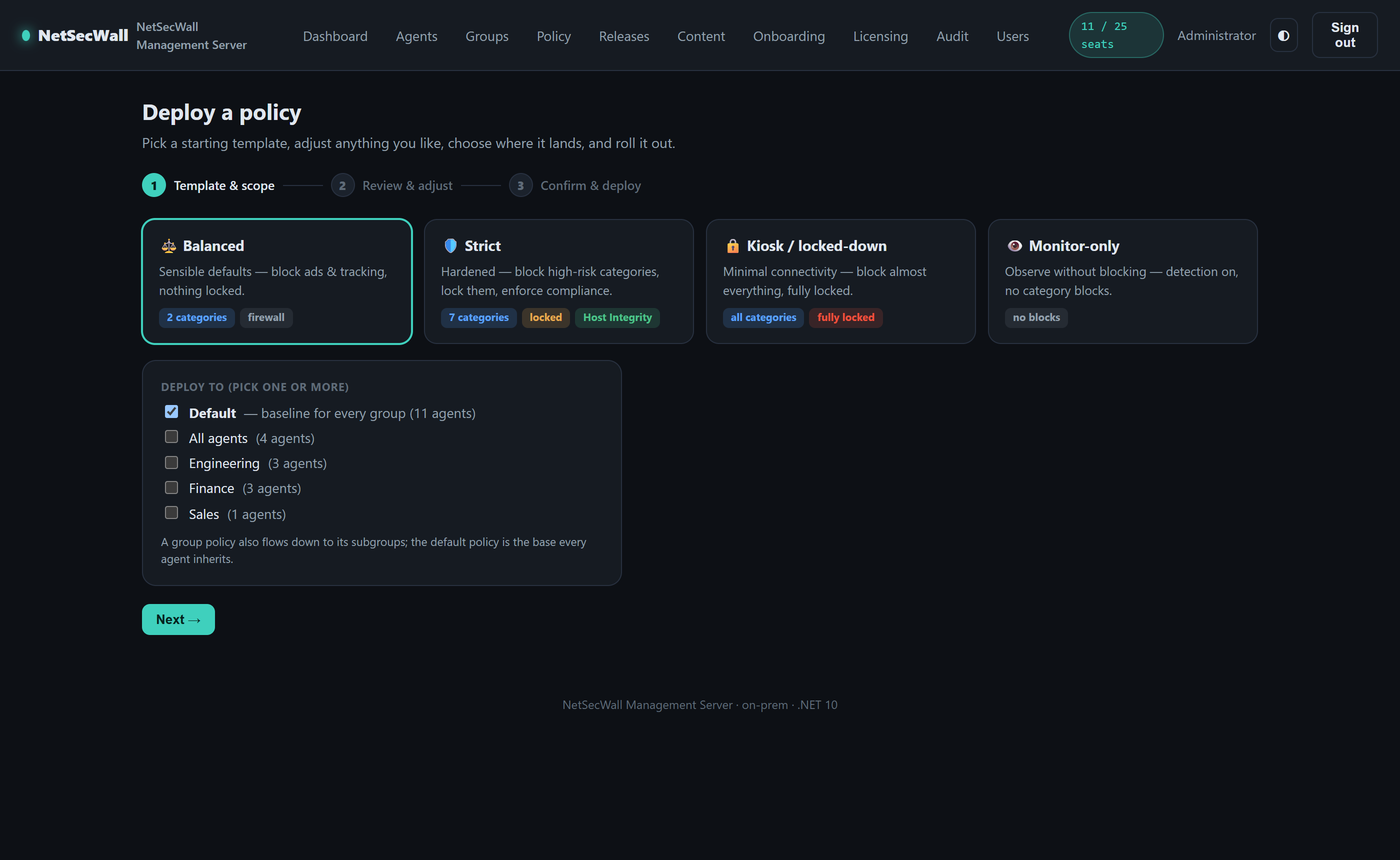 Policy deployment wizard: templates, multi-group targeting and instant push